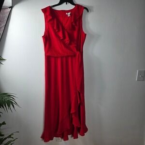 London Times Red Ruffle Wrap Maxi Dress‎ 16 V Neck Women's Holiday
